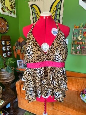 Catalina Leopard Print Ruffled Tankini Top with Pink Band